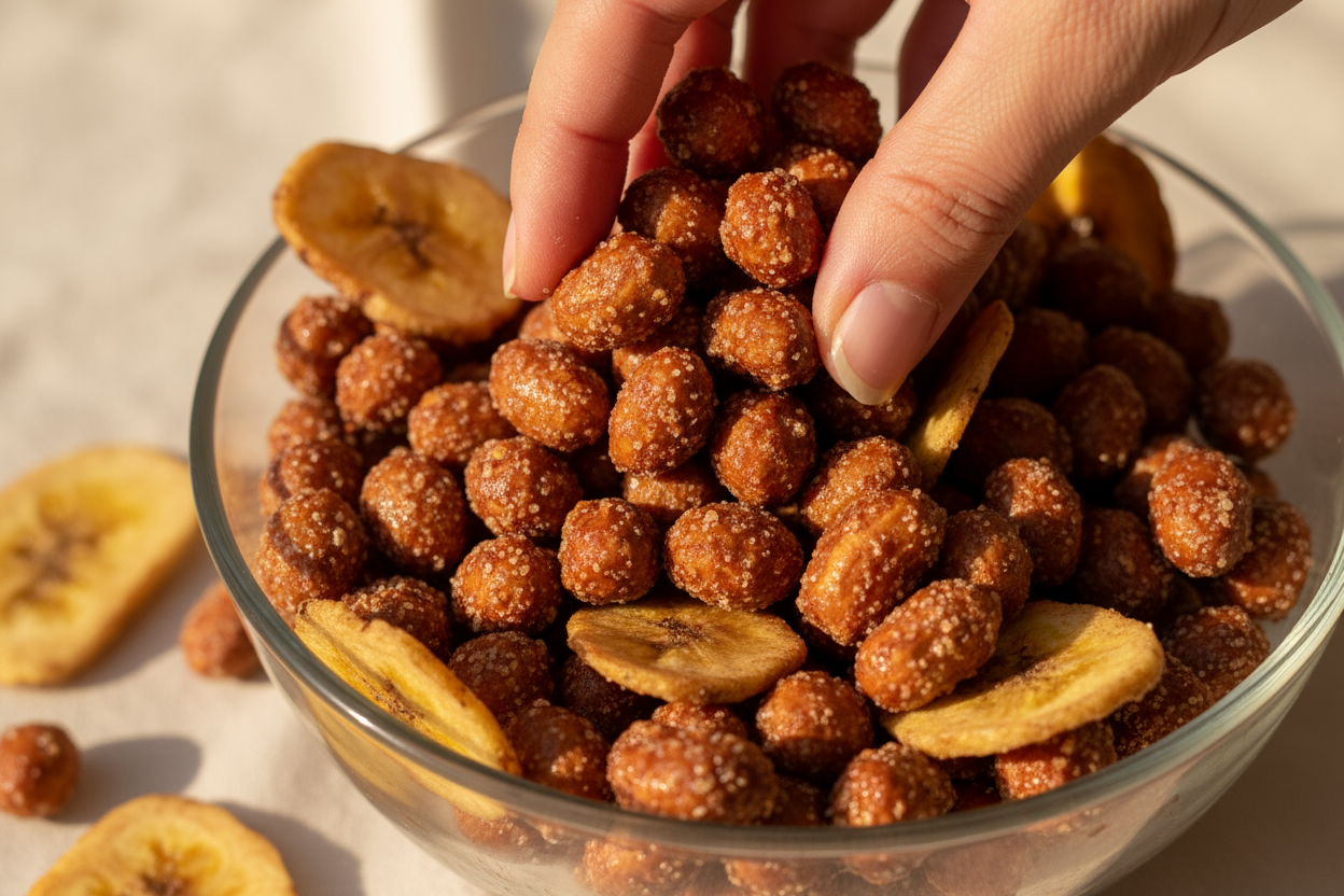Una mano tomando un puñado de cacahuates garapiñados o plátanos crujientes, fondo beige o claro.