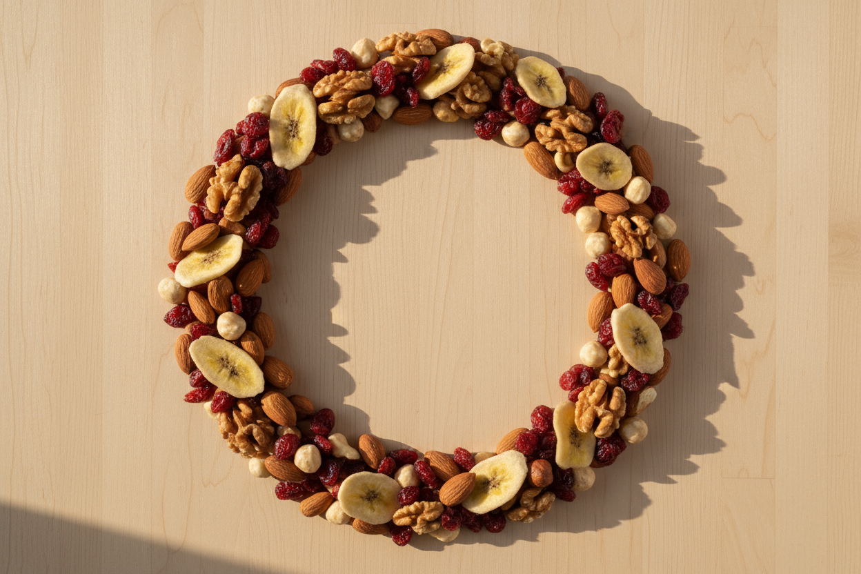 Una mesa o fondo claro con una disposición circular o en marco de frutos secos (almendras, nueces, avellanas, arándanos, plátano seco), dejando el centro libre para el texto.
Estilo:
Luz natural, tonos beige y marrones suaves, sin elementos que distraigan.